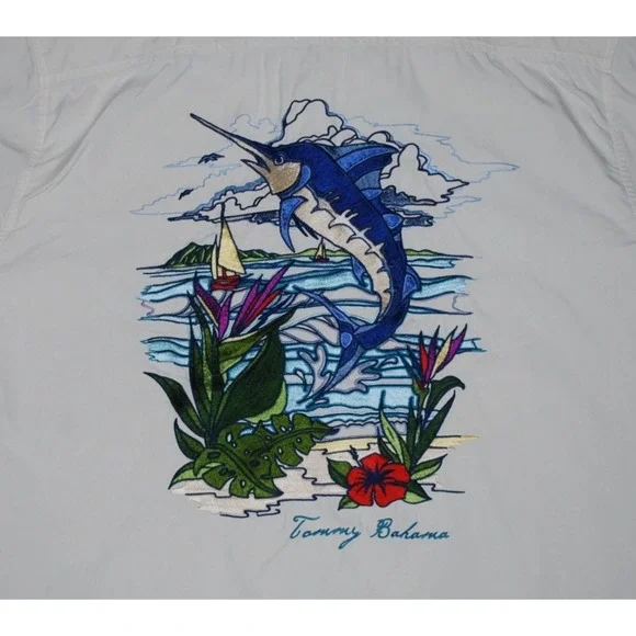 Tommy Bahama Men's L Hawaiian Marlin Embroidered Button Shirt Faint Flaw - Picture 7 of 7